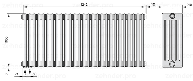 Схема (чертеж) Радиатор Zehnder Charleston 6100/27 №3370 Белый глянцевый RAL 9016